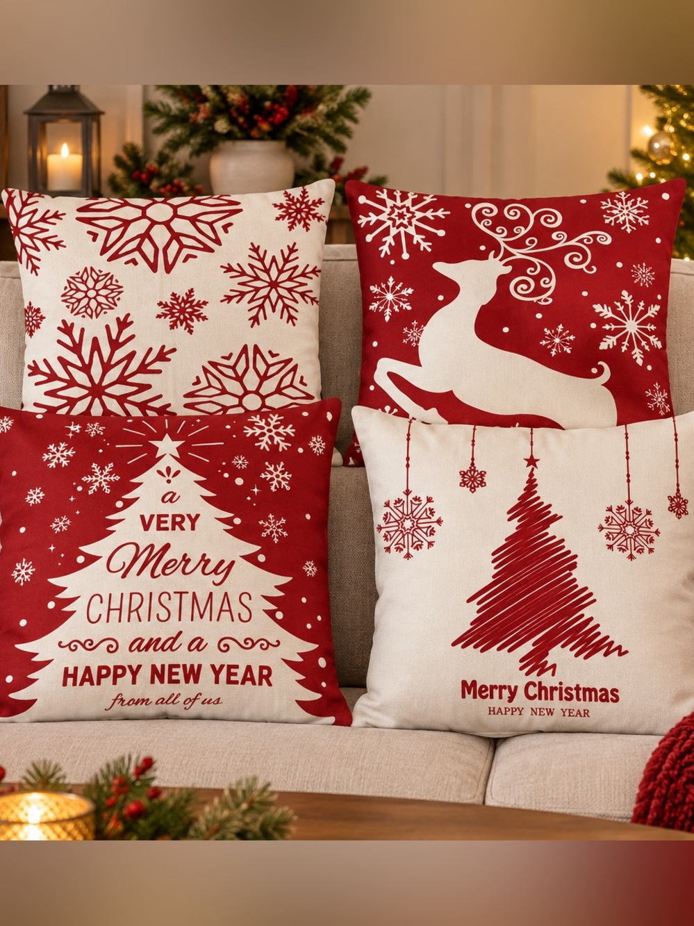 Set of 4 -Holiday Red and Cream Christmas Decorative Throw Pillow Covers - 18x18